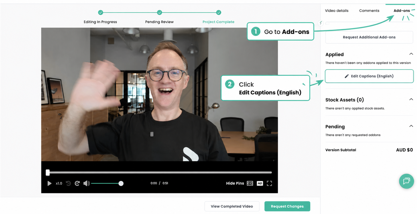 Shootsta platform showing the Add-ons tab with arrows pointing to the Add-ons button and Edit Captions option