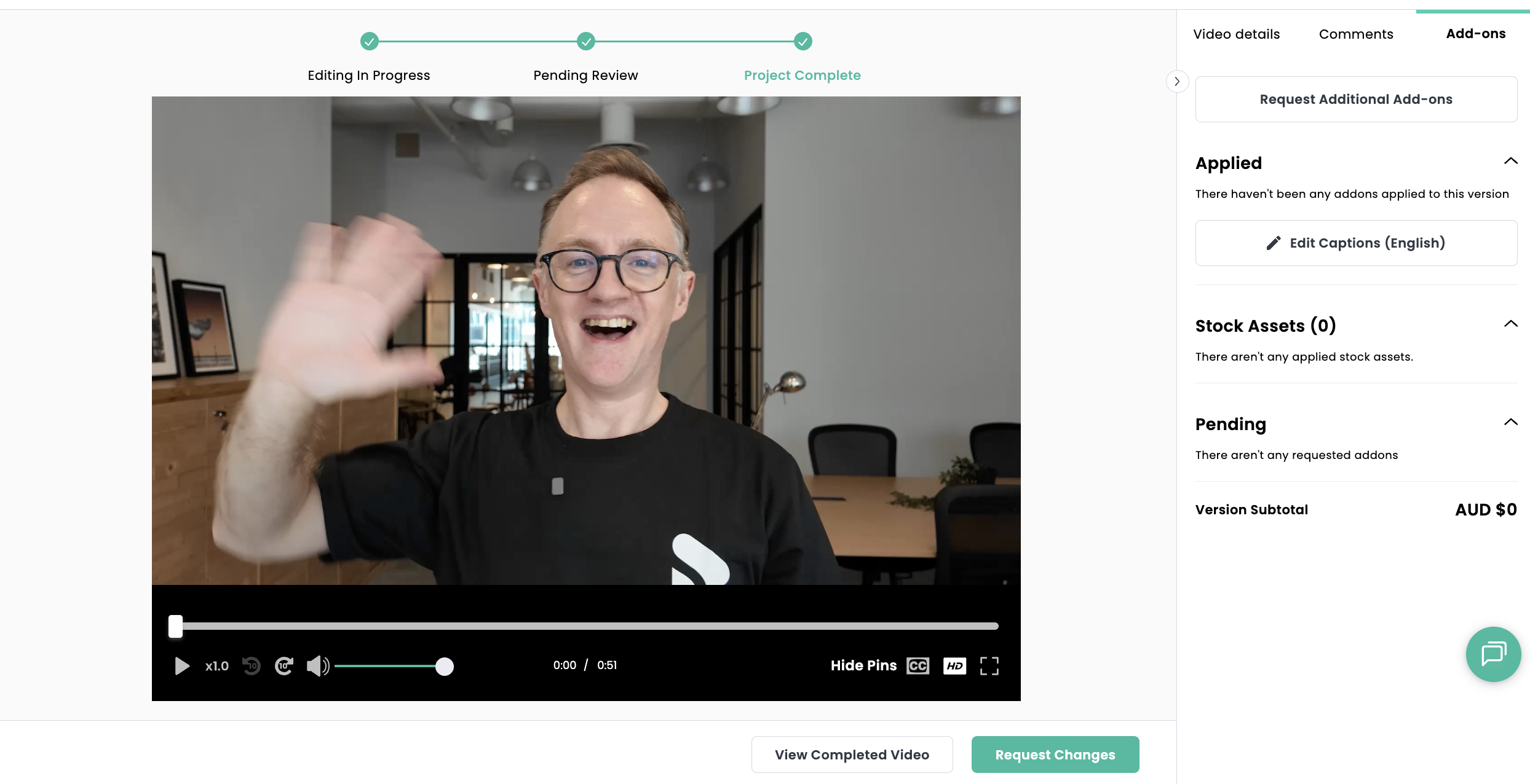 Shootsta platform showing the Add-ons tab with Edit Captions option on a completed video project