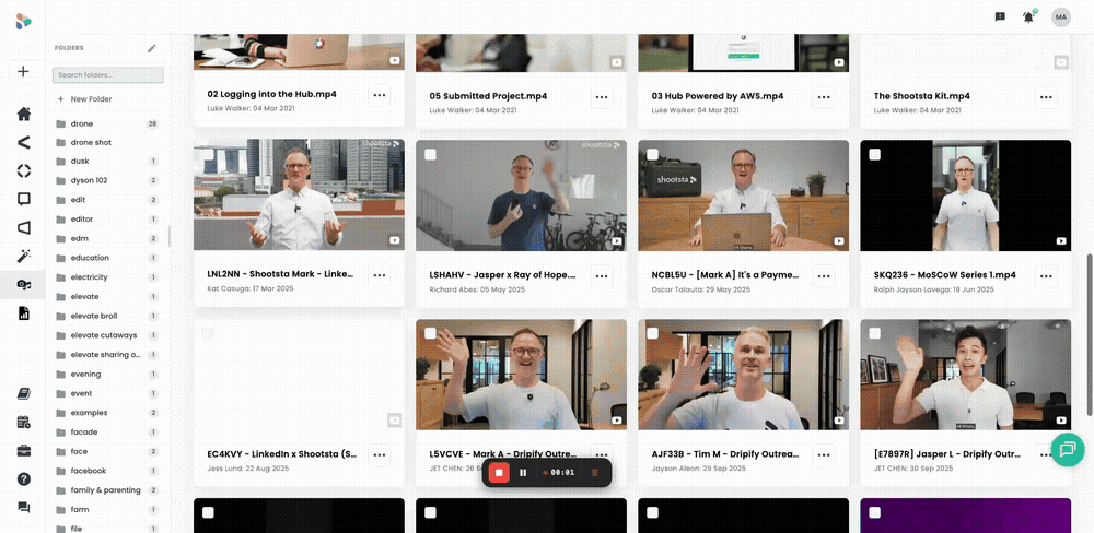 Animated walkthrough of creating and navigating media folders in the Shootsta platform