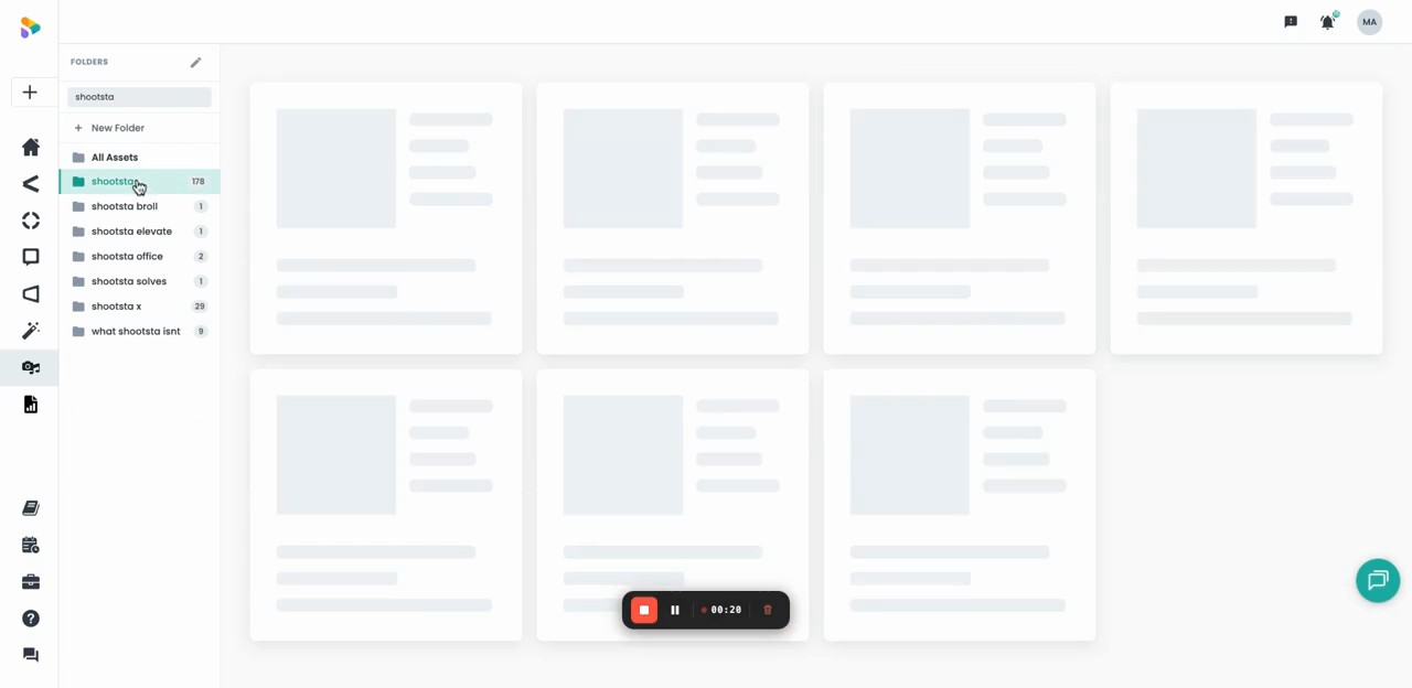 Shootsta media library showing folder navigation with folders for different projects and asset counts