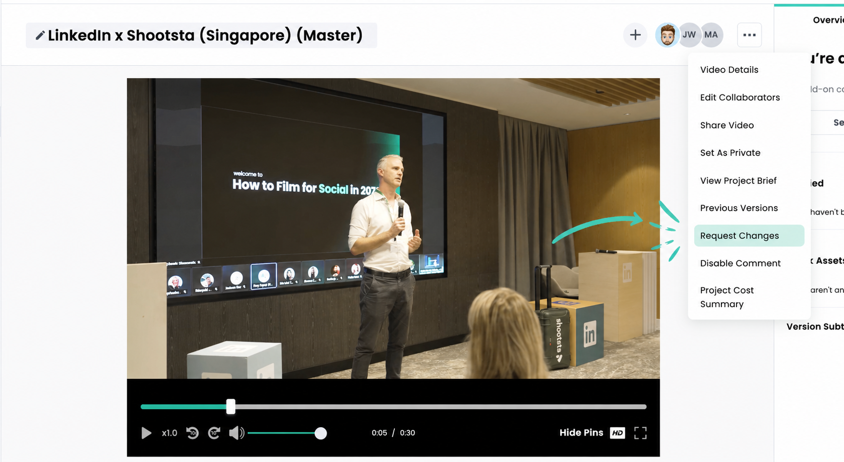 Shootsta project three-dot menu showing the Request Changes option to reopen a completed project