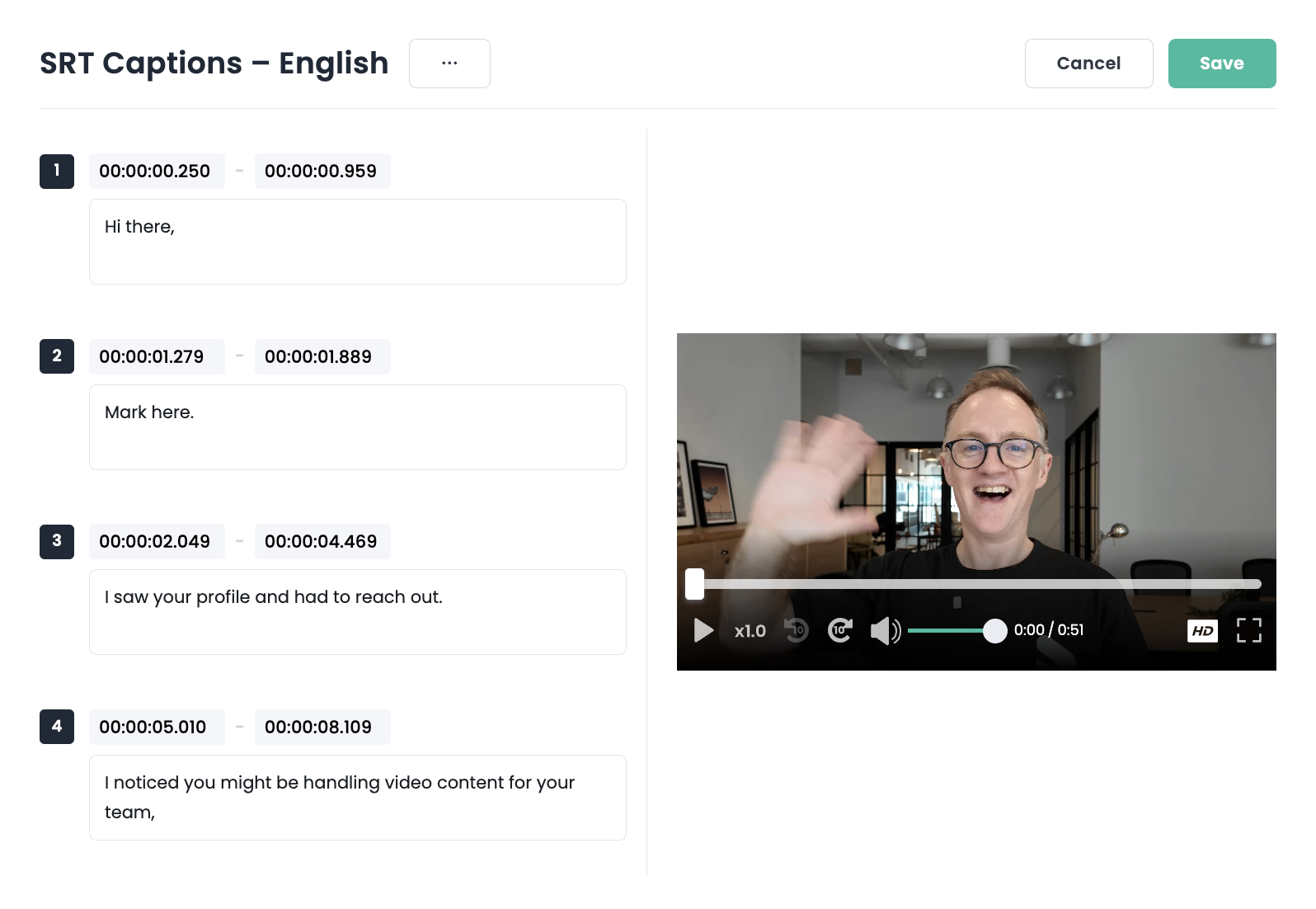 Shootsta SRT caption editor showing editable text blocks with timestamps and a video preview