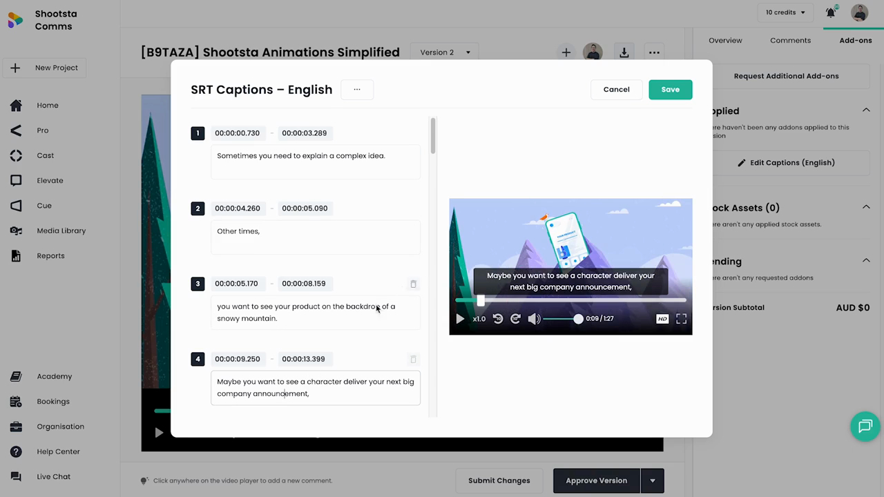 Full Shootsta caption editing interface showing SRT captions with video playback and save button
