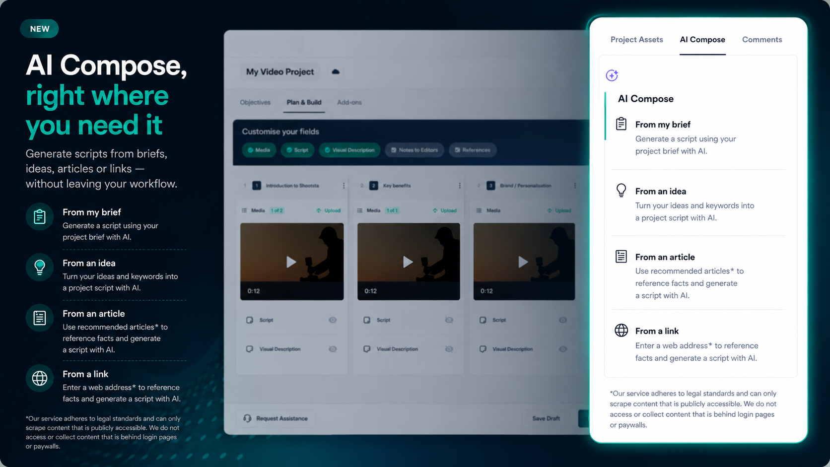 AI Compose panel in Plan and Build offering three ways to generate a script: from a brief, from an idea, or from an article.