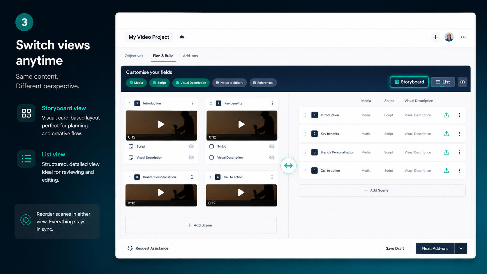 List view and storyboard view in Plan and Build show the same project content in two different layouts.