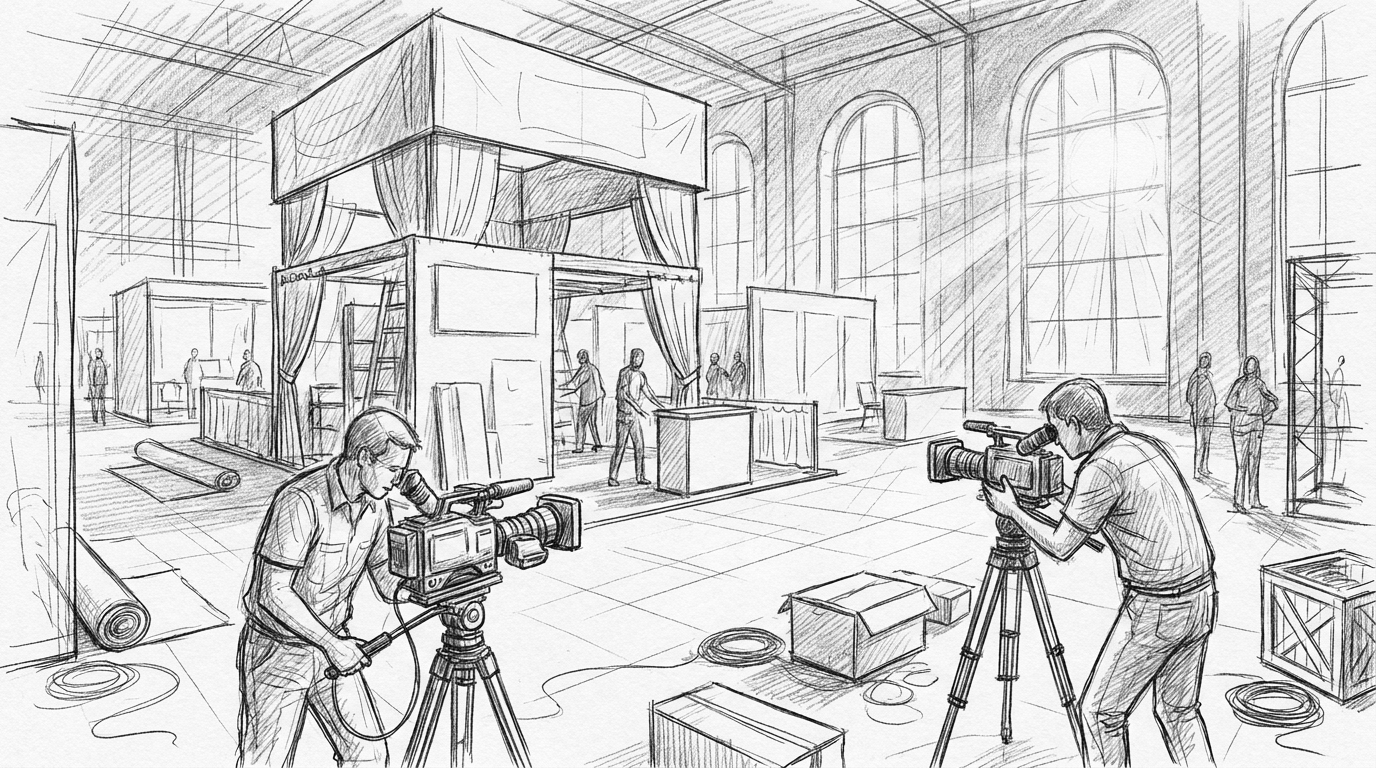 Tourism event recap storyboard panel: a two-person video crew sets up cameras on the floor of a convention hall with trade-show booths and event branding behind them, illustrating the start of a 48-hour event recap shoot.