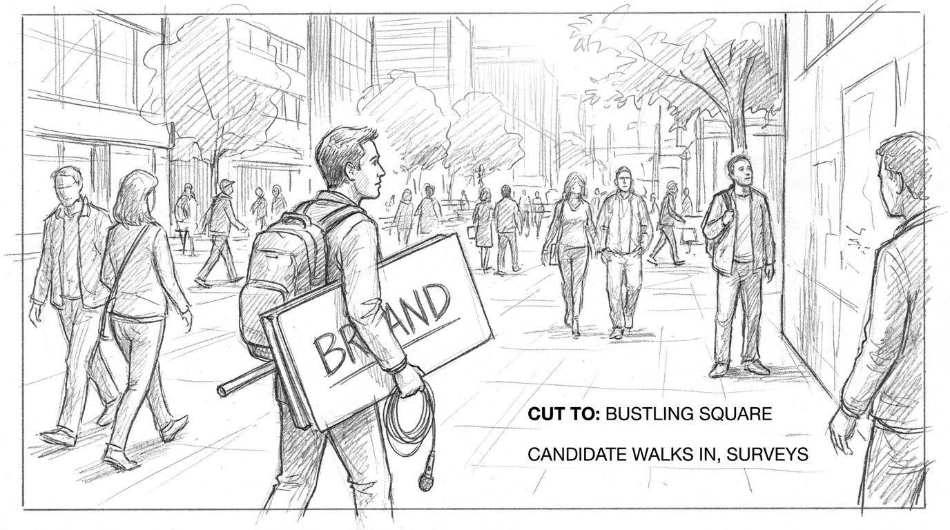 Listening Post storyboard panel: candidate stands in a busy public square holding a sign and a microphone, surveying passers-by, with the cut direction noted as 'bustling square, candidate walks in, surveys'.