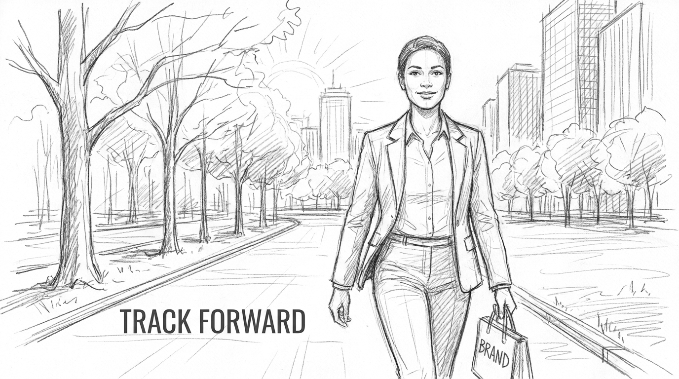 Milestone Recap storyboard panel: candidate walks toward camera through a tree-lined park with a city skyline behind, carrying a campaign bag, framed as a tracking shot for a walk-and-talk debrief.