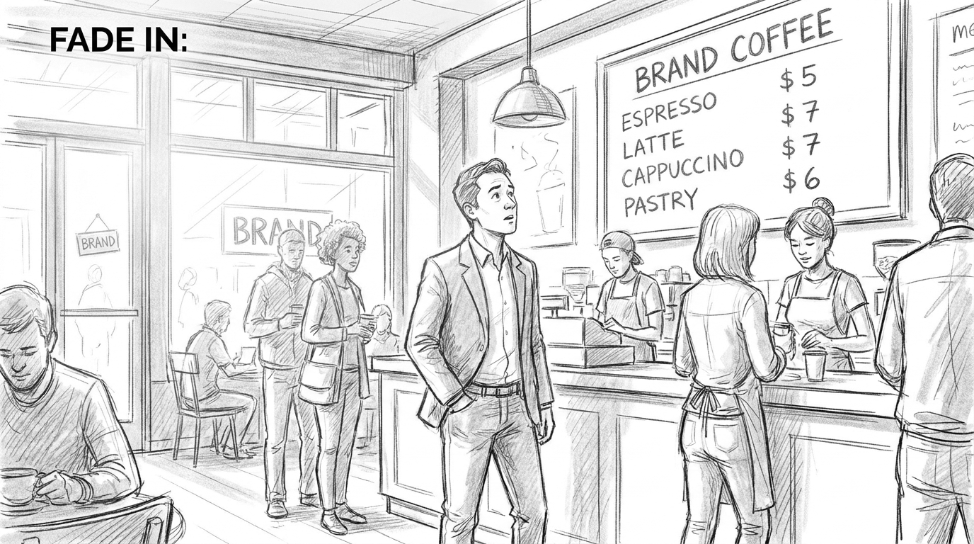 Pocketbook Explainer storyboard panel: candidate fades in at a coffee counter with a visible price menu showing espresso $5, latte $7, cappuccino $7, pastry $6, illustrating cost-of-living visually.
