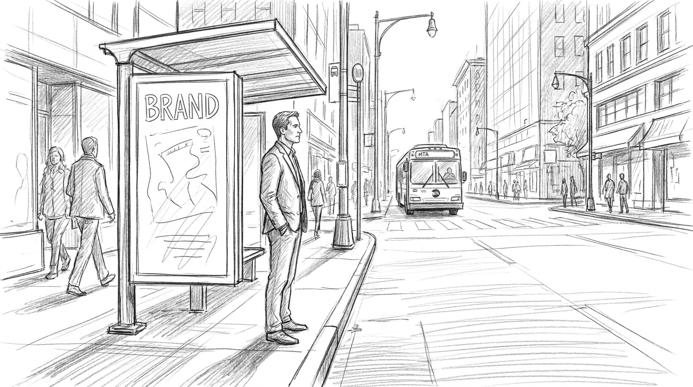 Stunt With a Point storyboard panel: candidate waits at an urban bus stop with a bus visible in the distance, setting up a foot-versus-bus race to dramatize slow public transit.