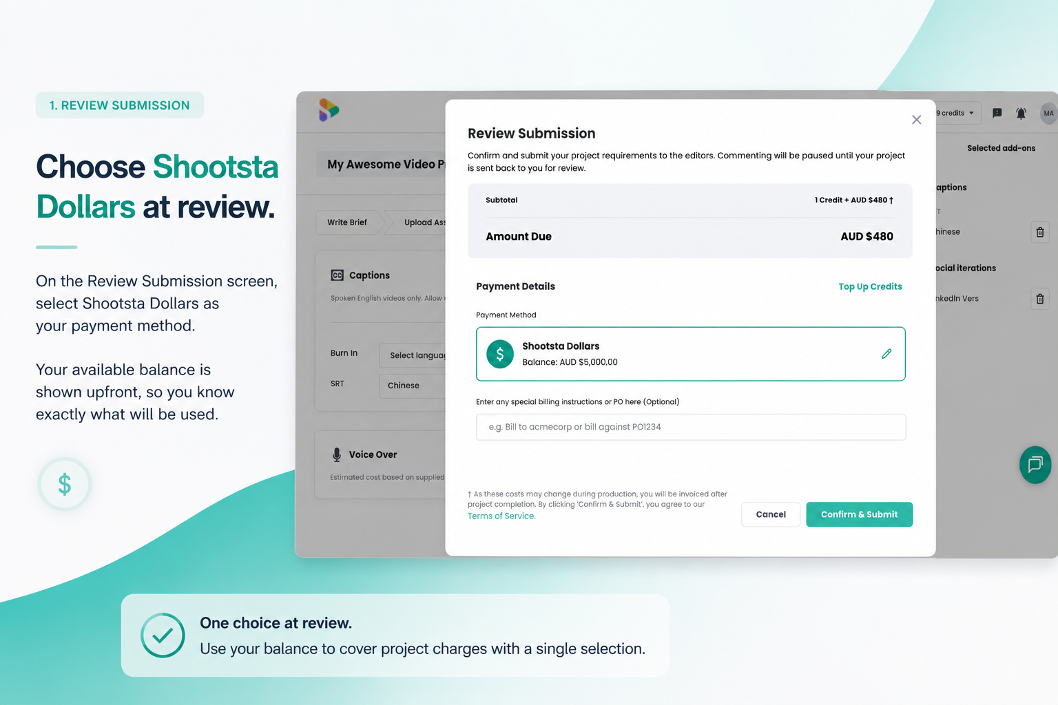 Shootsta Review Submission screen with Shootsta Dollars selected as the payment method and the available balance shown