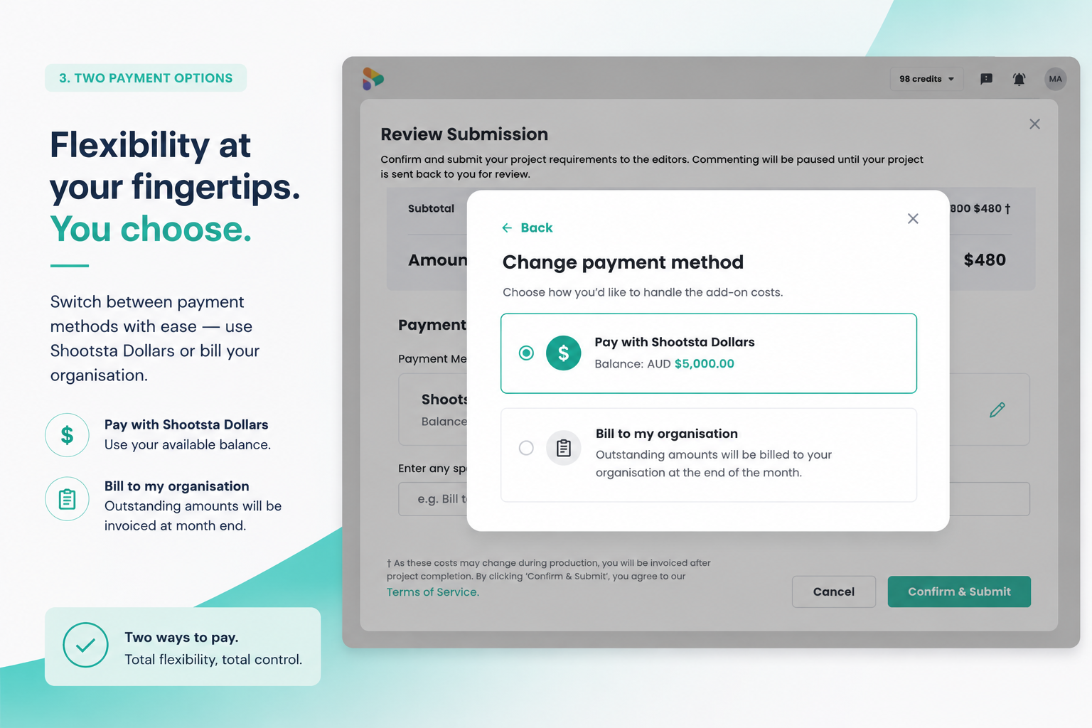 Shootsta payment options at submission: pay with Shootsta Dollars or bill your organization, with the available balance visible