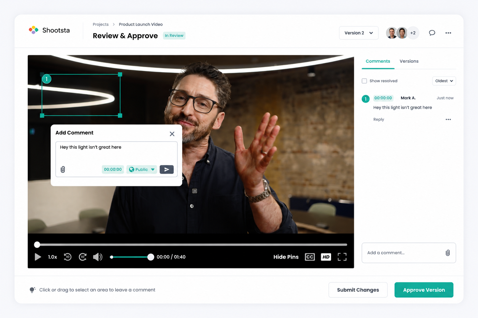 The Shootsta Review and Approve page with a teal box drawn around a ceiling light in the video frame, an Add Comment box reading 'Hey this light isn't great here', and the same numbered comment listed against timecode 00:00:00 in the comments panel.