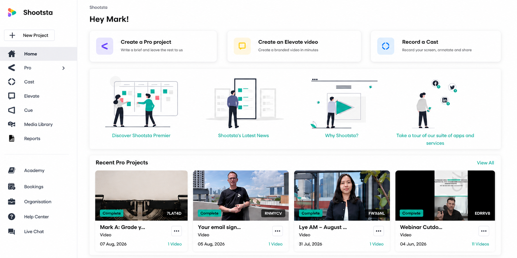 The Shootsta platform homepage showing quick action cards for creating a Pro project, an Elevate video and a Cast, with a Recent Pro Projects carousel of real video thumbnails below.